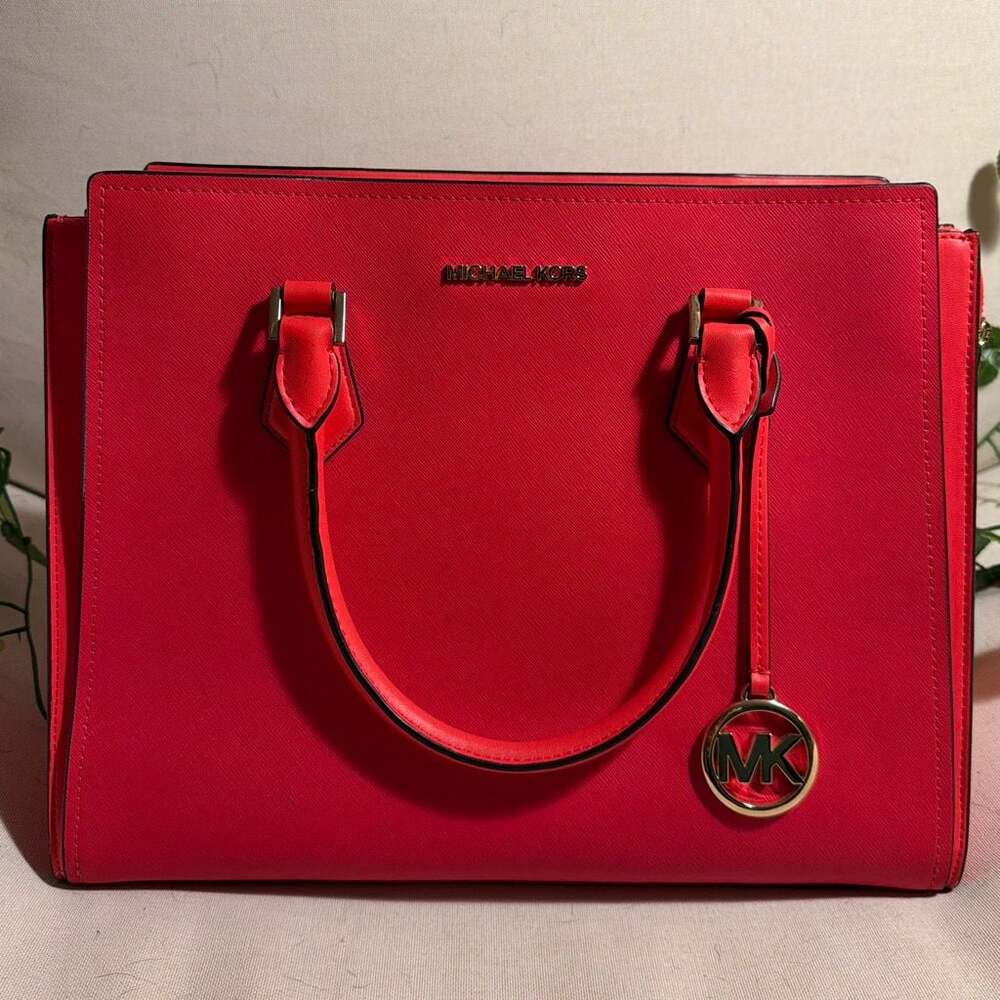 Michael Kors Hope Large Saffiano Leather Satchel Handbag in Flame Red